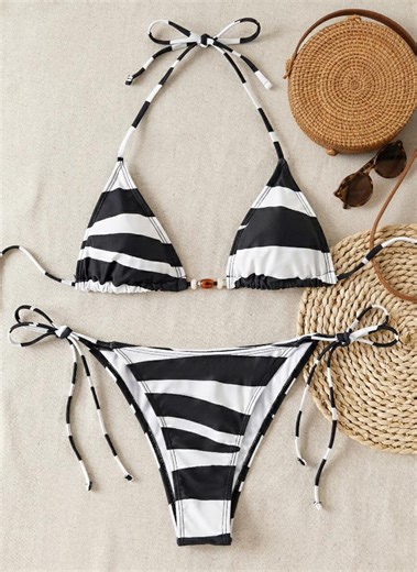 Chic Black and White Striped Bikini Set - Two-piece Halter Triangle Top & Tie Side Bottoms With Bead Detail - Trendy Summer Beachwear Swim - Etsy