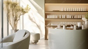 Sunlight streams through a window, illuminating a modern spa reception desk with beauty products, creating a serene atmosphere for relaxation