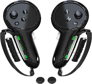 Controller Grips Compatible with Meta Quest 3S Oculus Quest 3 Controllers Straps Knuckle Hand Strap with Battery Opening Covers with Thumbsticks Covers Black, Batteries Not Included