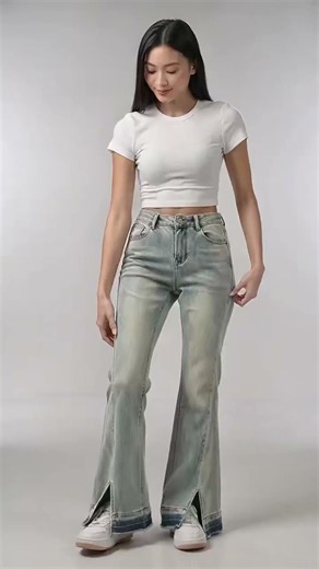 Women Light Vintage Wash High Waist Split Hem Flare Jeans Y2K Denim Pants #fashion #summerfashion