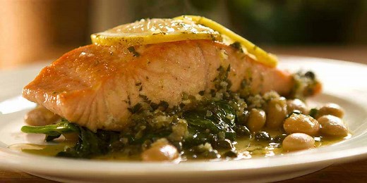 Salmon Piccata Style - Salmon on spinach and butter beans with in a lemon and wine butter sauce. Get recipe here: www.recipe30.com | Recipe30
