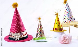 Colorful Party Hats: A festive collection of handmade party hats in various colors and patterns, ready to add a touch of whimsy and celebration to any event. Stock Video