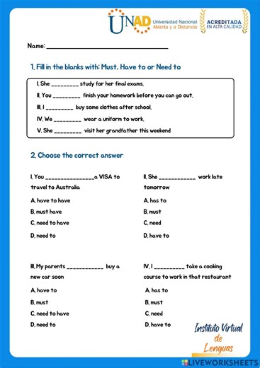 Modal verbs: must, have to, and need to worksheet