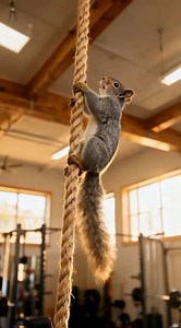 A squirrel climbing rope in gym ceiling area.