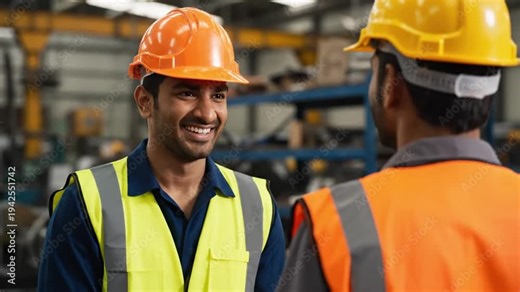 Two happy factory workers in safety vests and hard hats laughing and talking during a break in an industrial facility