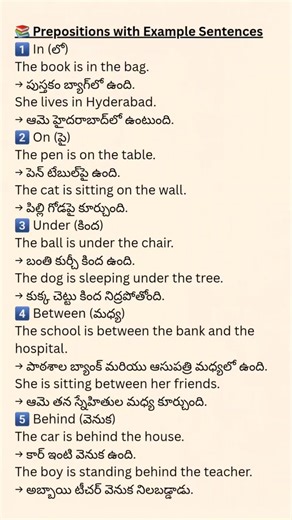 Prepositions with Example Sentences | English to Telugu #Shorts