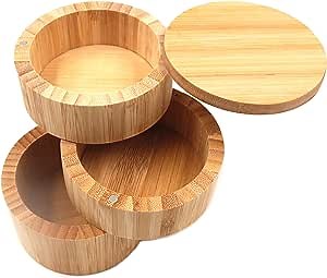 Bamboo Salt Box - Round Bamboo Jar Salt and Spices Storage Container, 3-Tier Wooden Spice Holder
