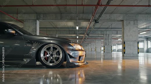 Modified sports car in parking garage. Automobile tuning shop promotional video. Concept of vehicle customization.