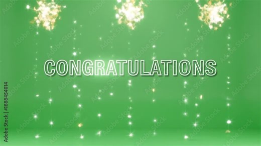 "Congratulations" text with sparkling golden glitter on a vibrant green screen background for celebration.