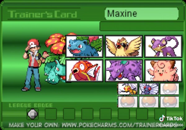 Meu trainer card de pokémon fire red #pokemon #trainercard #firered #bulbasaur #ivysaur #venusaur #pidgey #pidgeotto #pidgeot #nidoran #nidorino #nidoking #caterpie #metapod #butterfree #weedle #kakuna #beedrill #magikarp #gyarados #rattata #raticate #clefairycake #clefable #meowth #persian