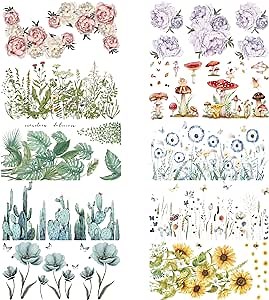 10 Sheets Rub on Transfers for Furniture and Crafts 11.8 x 5.9 Inches Vintage Botanical Rub on Stickers Floral Butterfly Mushroom Cactus Fairy Decals for Wood DIY Home Office Decor