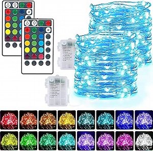 Fairy String Lights Battery Operated 16 Colors Changing Sliver Wire Lights 2 PS 16.5 FT 50 LED, Larger RGB Bright Lights with Remote Control for Christmas Bedroom Party Outdoor Iindoor Decoration