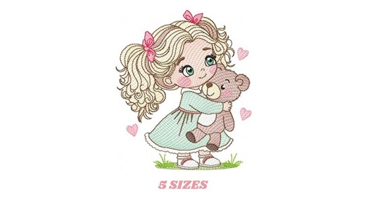 Princess Embroidery Designs - Girl With Blonde Wavy Hair and Teddy Bear Machine Embroidery Pattern - Girl With Pink Lace - Instant Download - Etsy