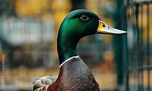A close-up of a duck with vibrant feathers and a curious expression.