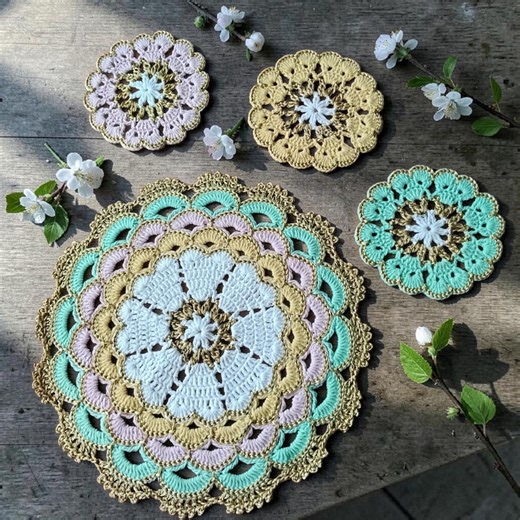 Crochet Mandala Doilies Farmhouse Vintage Spring Table Decor Placemats Set Handmade Pink Green Gold - Etsy