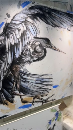 Landing blue Heron. 36 x 36 on Canvas Tea staining, pen and ink, watercolour, charcoal, acrylic accents. $1400 #bcartist #canadianartist #canadianart #vancouverislandartist #artcollector #vancouverisland #vancouverart #vancouverartgallery #vancouverartists #womenartist #blueheron #canadawildlife #canadianbirds @circlecraftmarket @circlecraftmarket | Zaworski Art