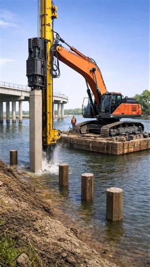 Heavy Equipment Pile Driving Operation for Bridge Construction! #tech #shorts