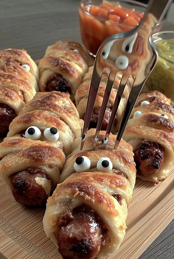 🌭👻 Mummy Hot Dogs 🎃🕸️ A spooky Halloween twist on pigs in a blanket – hot dogs wrapped in crescent dough “bandages,” baked until golden, with mustard eyes peeking through! 👀 Ingredients: * 1 can refrigerated crescent roll dough * 8 hot dogs * 2 slices cheddar cheese (optional, cut into strips) ...... Full Recipe in Coʍmеոτ 💬 | Meal Prep Recipes