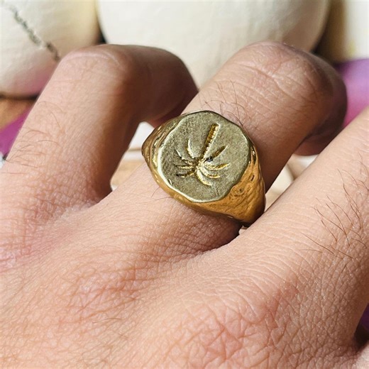 Palm Tree Signet Ring, Vintage Gold Brass Ring for Men, 18k Gold Tropical Symbol Ring - Etsy