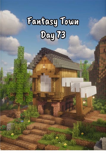 Day 73 of building a fantasy town in Minecraft! Building a rustic market house with a gradient roof of tuff, deep slate and Blackstone. #minecraftbuilding #Minecrafttips #Minecraft #minecraftiktok #minecraftbuildingideas