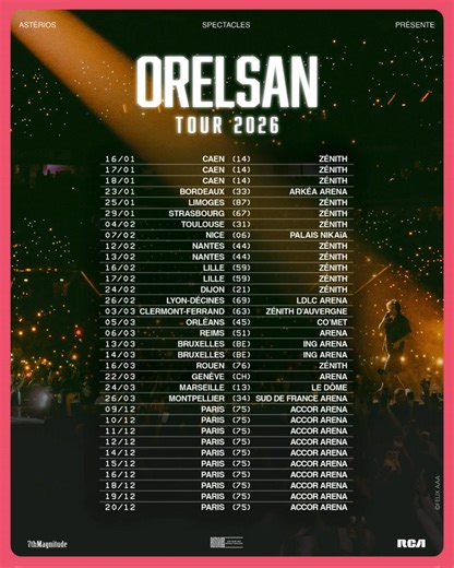 🔥 ANNONCE OFFICIELLE 🔥 ORELSAN repart en tournée en 2026 ! 🎤✨ Parce que “la Terre est ronde”… Orelsan va tourner partout : France, Belgique, Suisse 💥 Des Zéniths aux Arenas jusqu’à l’Accor Arena, ça va être monumental 🔊 🎟️ Infos billetterie : Prévente : Du mercredi 1er octobre 12h au lundi 6 octobre 10h Mise en vente générale : Lundi 6 octobre 10h ⚡ Les billets vont s’arracher… sois prêt 👉 Lien en bio #Orelsan #Tour2026 #Concert #RapFr #HipHop #LiveShow #Musique #SceneFrançaise #AccorAren