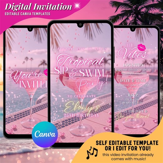 Sip and Swim Pool Party Invitation, Summer Pink Theme Editable Canva Template (instant Download) - Etsy