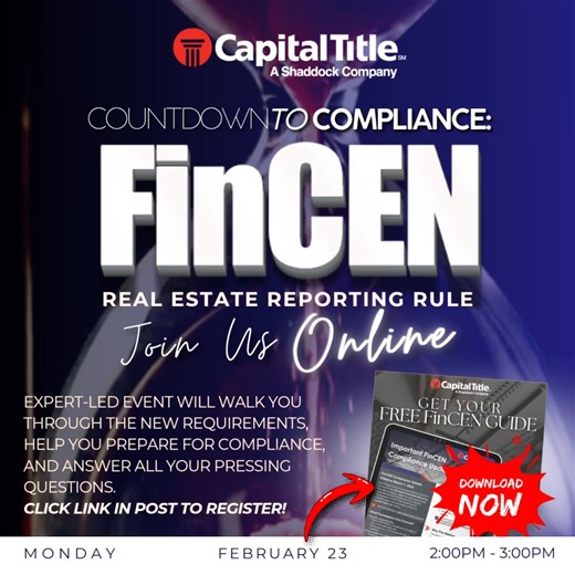 🔔 **Countdown to Compliance!** 🔔 Are you ready for the upcoming FINCEN reporting deadline? Don’t wait until the last minute — join our live online session to stay ahead of the curve! 🏡💼 Time is ticking! ⏰ Register now and get the guidance you need to confidently navigate FinCEN regulations. 📅 MONDAY - FEBRUARY 23 - 2PM-3PM🔗 REGISTER- https://brnw.ch/21wZVT7 In this essential webinar, you'll learn: ✅ The latest requirements for real estate financial reporting ✅ Key steps to ensure complianc