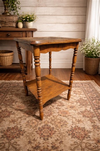Antique Wooden Side Table With Shelf, Vintage Accent Table, Turned Leg End Table, Primitive Nightstand, Rustic Plant Stand Barley Twist Rack - Etsy
