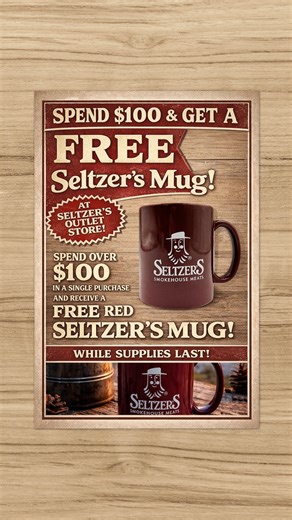 Fill your basket. Take a little something home. ☕️ When you spend $100 or more in a single in-store purchase, you’ll receive a FREE Seltzer’s red mug—our way of saying thanks. 🎁Available at our outlet store, while supplies last. 🕘 Open daily, 9am–6pm. | Seltzer's Smokehouse Meats