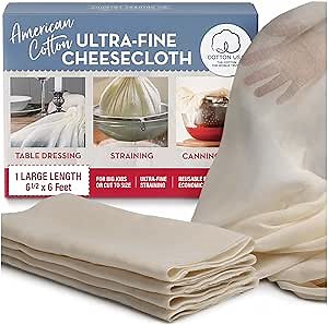 American Cotton Ultra-Fine Cheesecloth for Straining - 6 x 6.5 ft Length - Reusable Filter Cooking Cloth - Table Dressing