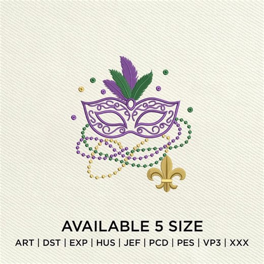 Mardi Gras Mask Embroidery Design | Carnival Mask Beads Fleur De Lis Machine Embroidery File | Festival Stitch - Etsy