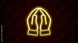 Glowing neon line Hands in praying position icon isolated on black background. Prayer to god with faith and hope. 4K Video motion graphic animation Stock Video