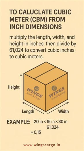 WINGS TRAVELS & CARGO on Instagram: "Calculating Cubic Meters (CBM) from Inches FORMULA: CBM = (L x W x H) / 61024 Example: 20in x 15in x 30in CBM = (20 x 15 x 30) / 61024 = 0.15 CBM Key Features: - Accurate calculation for shipping and logistics - Simple formula application - Essential for determining freight costs and container sizes For More info Contact Us. +91 8248999739 #CBMCalculation #CubicMeterCalculation #ShippingCalculations #LogisticsCalculations #FreightCalculation #WingsTravelsAndC