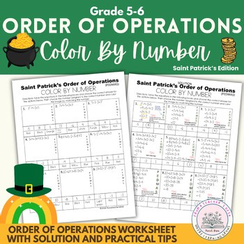 Order of Operations St Patrick’s Day Color by Number Math Practice Grade 5-6