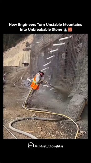Mindset Thoughts on Instagram: "Engineers aren’t cutting these mountains apart — they’re strengthening them from the outside, one engineered layer at a time, using artificial rock systems. This approach, called reinforced slope stabilization with artificial rock, avoids aggressive excavation. Instead, steel mesh is securely anchored deep into the hillside, and high-pressure concrete is sprayed over it in carefully controlled layers. These layers are designed to replicate the thickness, texture, 