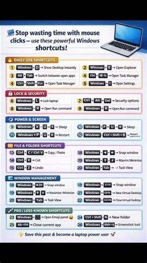 💻 Stop wasting time with mouse clicks – use these powerful Windows shortcuts!🔥