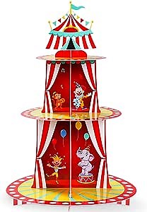 Nuenen Circus Carnival Party Decoration 3 Tier Cupcake Stand Cartoon Paper Tent Cupcake Holder for Circus Carnival Party Supplies Birthday Holiday Celebrations Decoraation