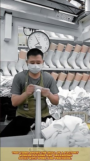 Sock sorting: Factory worker folds socks, organizes by color, and displays them on a rack