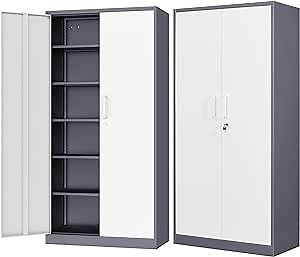 Letaya Metal Storage Cabinet with Lock Door, 71" Adjustable Shelf Steel Lockers for Office, Home,School,Garage Utility Tool Cabinet (2 Door-White&Gray)