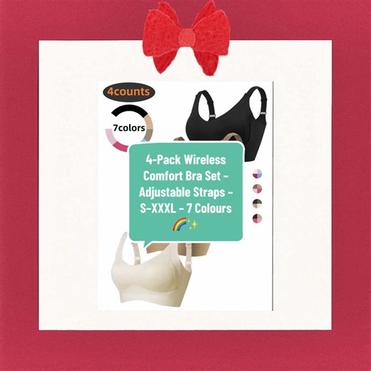 4-Pack Wireless Comfort Bra Set – Adjustable Straps – S–XXXL – 7 Colours 🌈✨ Stay supported, seamless and comfortable all day long with this ultra-soft wireless bra 4-pack! Adjustable straps, breathable fabric and full-coverage shaping make this your new everyday favourite. Perfect for work, workouts, lounging and layering—no wires, no digging, just cloud-soft comfort 😍 #tiktokmademebuyit #blackfriday #wirelessbra #comfortbra #everydayessentials