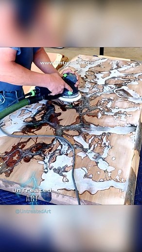 Surfacing a Estuary river table after epoxy pour ⚡🔥🌊 #UntreatedArt @untreatedart | UnTreated