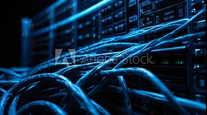 A dark video of a server rack with multiple blue ethernet cables plugged into the front.