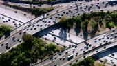 Overhead shot of busy freeway intersection, Los Angeles. Shot with a...