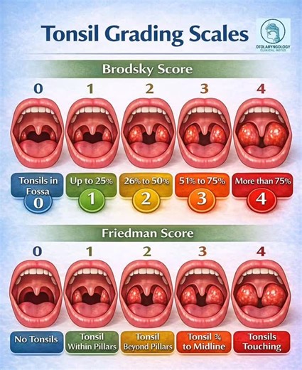 MAX DENTAL CARE on Instagram: "Tonsil grading Determine the size of the tonsils. These can be graded by: #Brodsky score 0 – tonsils in fossa 1 – tonsils occupying up to 25% of airway 2 – 26% to 50% 3 – 51% to 75% 4 – more than 75% #Friedman score 0 – no tonsils 1 – tonsil within pillars 2 – tonsil beyond pillars 3 – tonsil extending ¾ to midline 4 – tonsils touching in midline."