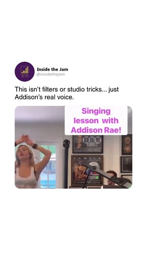 @insidethejam on Instagram: "Addison Rae showing off her real vocals during a singing lesson... no filters, no auto-tune, just pure tone and control. You can literally hear the precision and warmth in her voice. She’s proving that behind the fame, there’s genuine talent that deserves recognition. Follow @insidethejam – where music, power & culture collide. #AddisonRae #Pop #Music Video: @ericvetrovocalcoach"