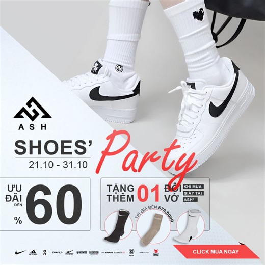🔥𝗦𝗛𝗢𝗘𝗦 𝗣𝗔𝗥𝗧𝗬🔥TẶNG 01 ĐÔI VỚ NIKE/ PALLADIUM/ v.v... KHI MUA GIÀY ️🛒 Mua ngay tại: https://ash.vn/collections/shoes-party 🔥Chào mừng bạn đến với đại tiệc giày thể thao cực chất tại 𝗔𝗦𝗛 với hàng ngàn lựa chọn cùng ưu đãi! 🎁GIẢM ĐẾN 𝟲𝟬% các sản phẩm thể thao từ các thương hiệu hàng đầu 𝗡𝗶𝗸𝗲, 𝗢𝗻 𝗥𝘂𝗻𝗻𝗶𝗻𝗴, 𝗞-𝗦𝘄𝗶𝘀𝘀, 𝗣𝗮𝗹𝗹𝗮𝗱𝗶𝘂𝗺, 𝗖𝗿𝗮𝗳𝘁, 𝗣𝗿𝗼𝘀𝗽𝗲𝗰𝘀, 𝗡𝗶𝗸𝗲 𝗦𝘄𝗶𝗺, 𝗔𝗱𝗶𝗱𝗮𝘀 𝗨𝗻𝗱𝗲𝗿𝘄𝗲𝗮𝗿. 🎁*TẶNG 1 ĐÔI VỚ chính hãng (có giá bán cuối dướ