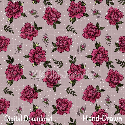 Spring Peonies Flowers Seamless Pattern Hand Drawn PNG Digital Download Sublimation Surface Design Purple Pink Fresh Polka Dots - Etsy