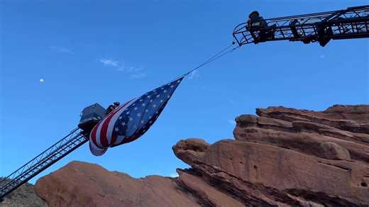 WMFR Tower 8 & South Metro Ladder 12 displaying the flag before the Red Rocks Stair Climb. This is the 17th annual climb, and honors and remembers the 343 FDNY firefighters and almost 3,000 Americans who died on 9/11. Each participant pays tribute by climbing the equivalent of the 110 stories of the World Trade Center. At Red Rocks, participants will complete nine laps around the amphitheater. #911 | West Metro Fire Rescue
