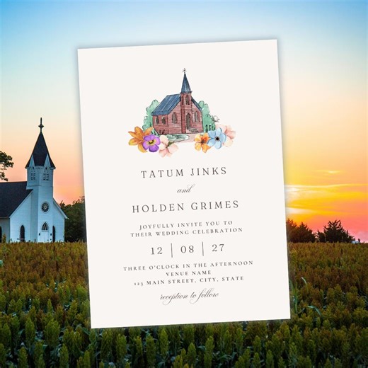 Cottagecore Wedding Invite, Floral Chapel Invitation, Traditional Church Wedding, Editable Event Template, Instant Download - Etsy