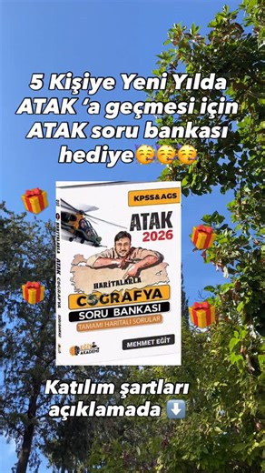 Akademik Öğretmen🤓 on Instagram: "🎁 Yeni yılda ATAK’a geç! Atak Soru Bankası 5 kişiye hediye! Çekiliş Katılım Şartları: ✔️Beni @akademik_girlll , Mehmet Eğit hocamızı @mehmetegitcom ve Eğit Akademi @egitakademi hesaplarını takip etmek ✔️ Gönderiyi beğenmek ✔️ Yorumlara 2 arkadaşını etiketlemek Çekiliş süresi 3 gün 3 Ocak ta açıklanacak🥳🥳🥳 #reklam #hediye #kpss #kpsscoğrafya #ags"